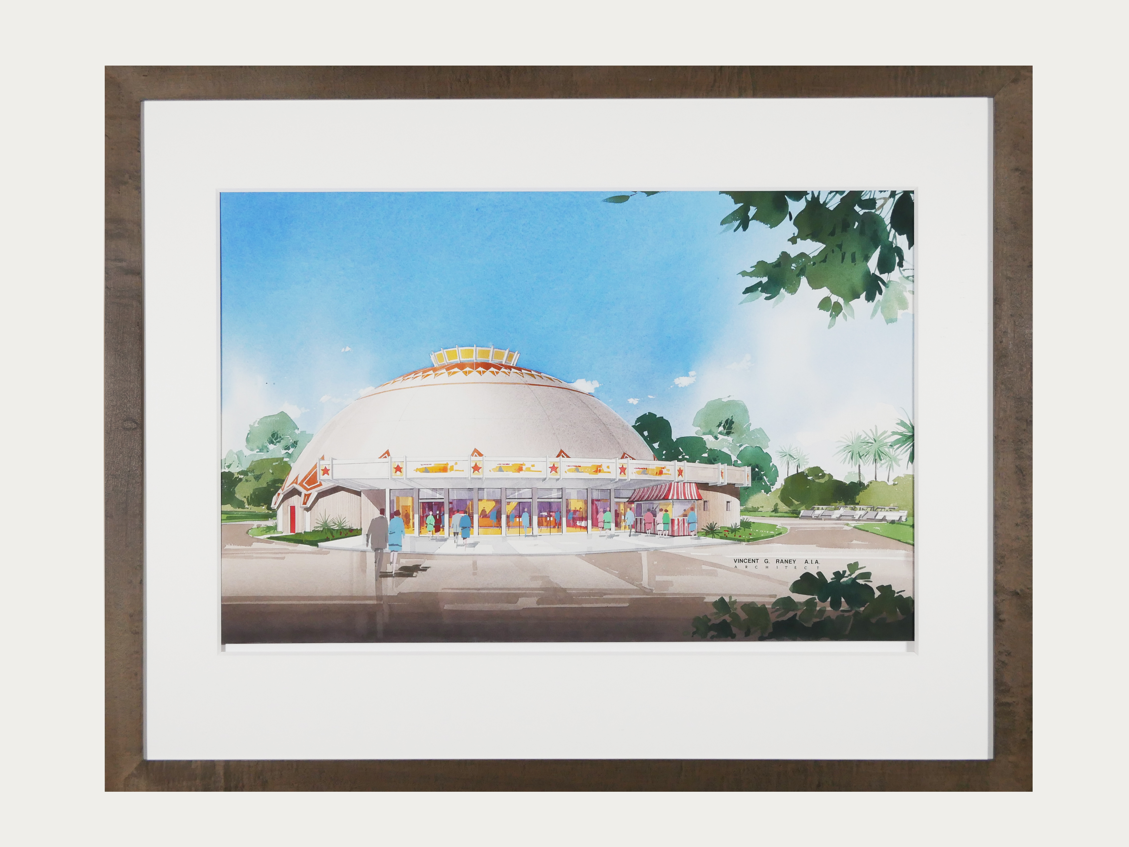 Watercolor rendering of Vincent Raney’s single dome theater for the Syufy theater chain