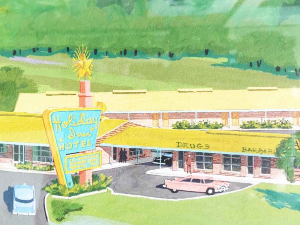 Gouache and watercolor rendering of a vintage Holiday Inn 1954