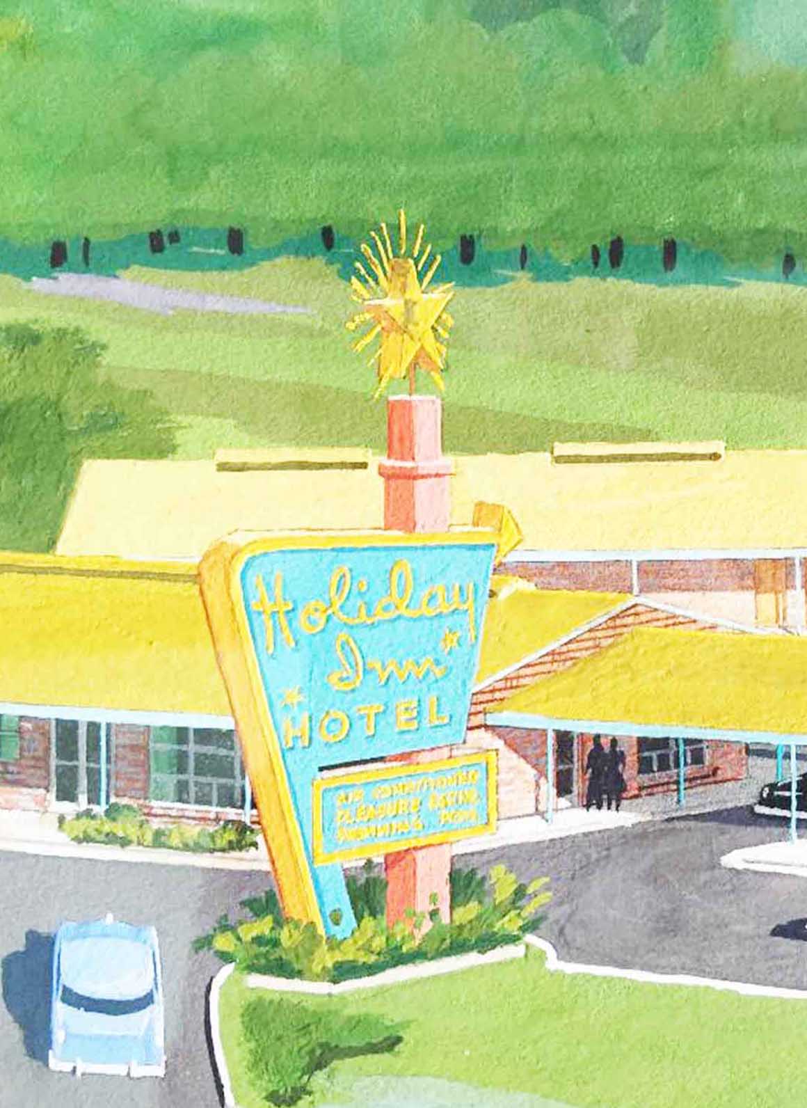 Gouache and watercolor rendering of a vintage Holiday Inn 1954