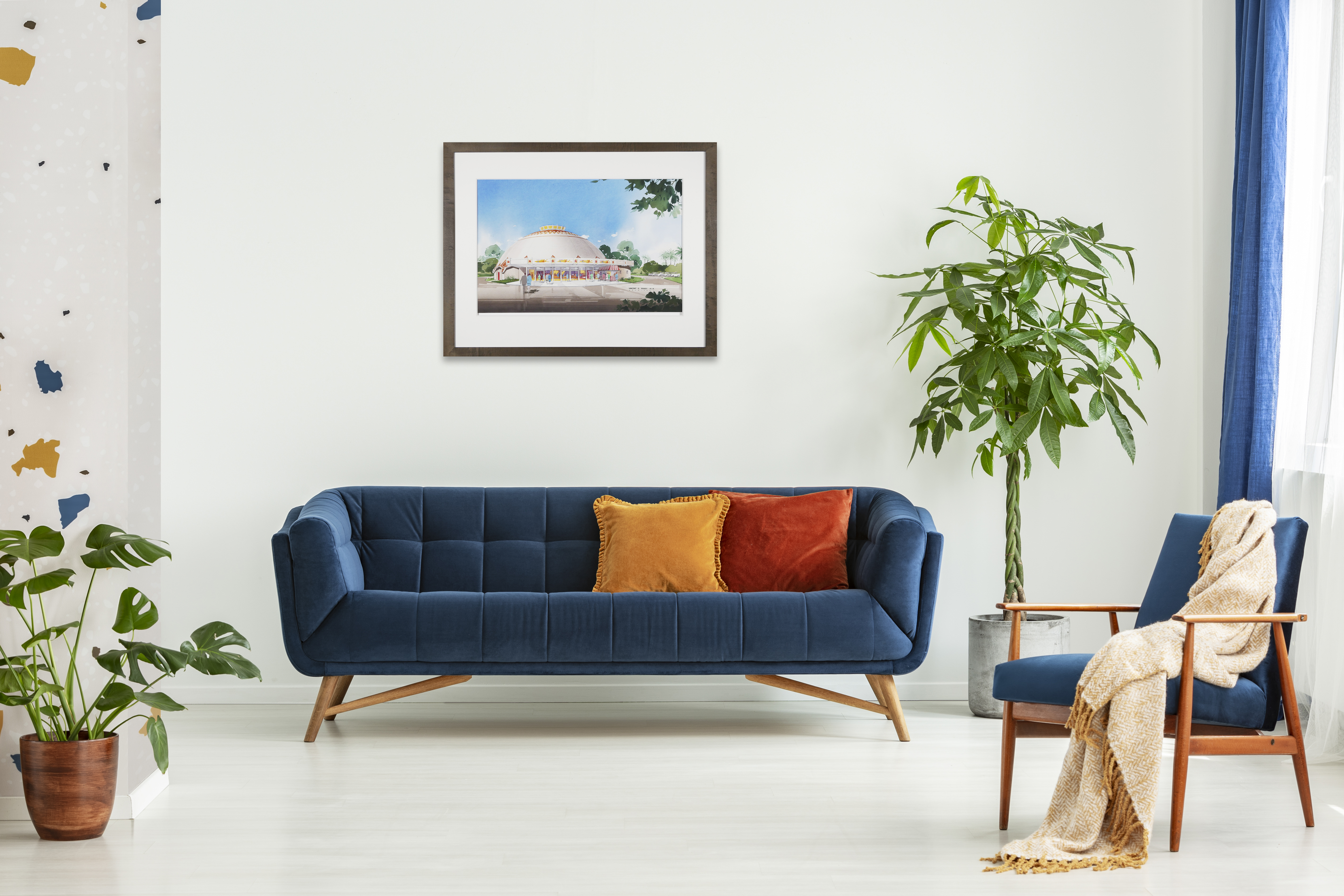 Mid-century modern chair with a blanket and a large sofa with colorful cushions in a spacious living room interior with green plant